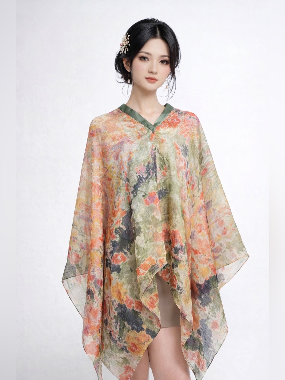 Asymmetrical Watercolor Floral cover up Silk - Olive & Sunshine